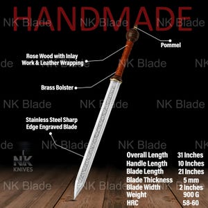 May include: A sword with a stainless steel sharp edge engraved blade, a brass bolster, and a rosewood handle with inlay work and leather wrapping. The pommel is at the top. Specifications: 31 inches overall, 10 inch handle, 21 inch blade, 5 mm thick.
