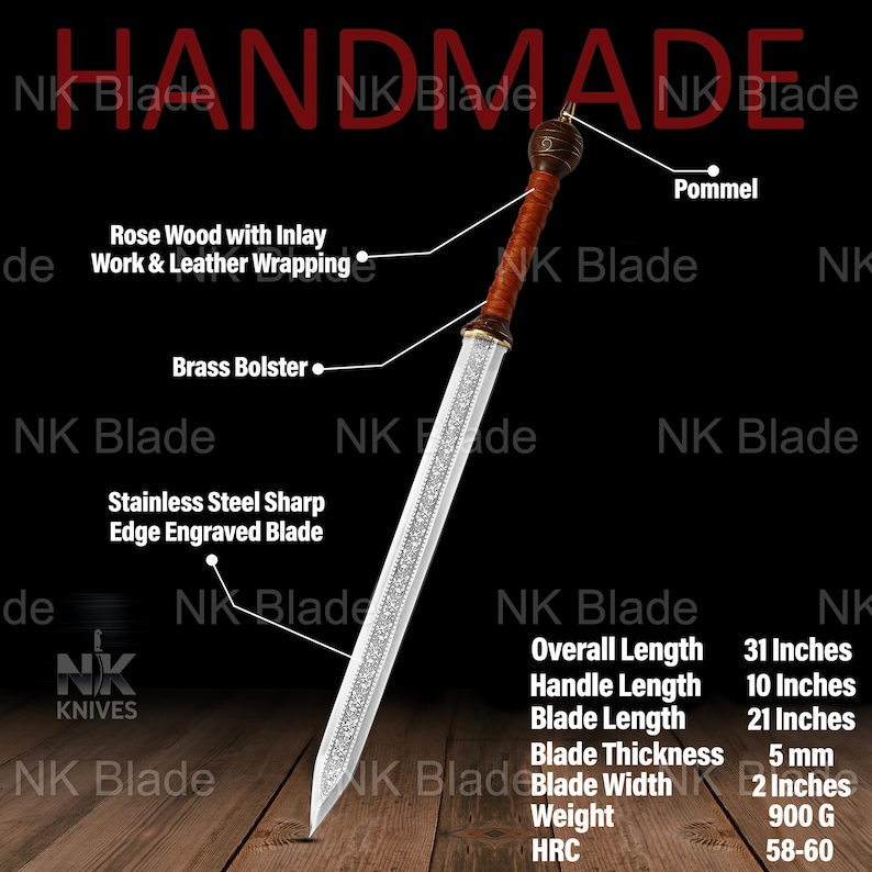 May include: A sword with a stainless steel sharp edge engraved blade, a brass bolster, and a rosewood handle with inlay work and leather wrapping. The pommel is at the top. Specifications: 31 inches overall, 10 inch handle, 21 inch blade, 5 mm thick.