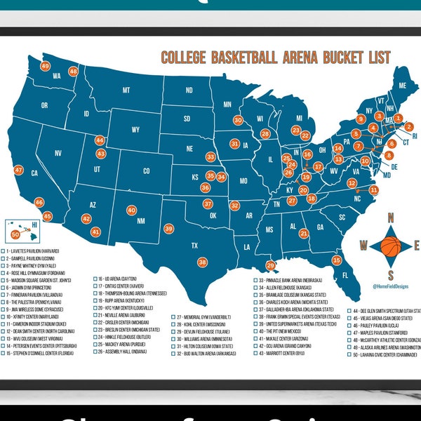 College Basketball Arena Bucket List Poster | 2 Different Designs | 50 Greatest NCAA Basketball Arenas in the US