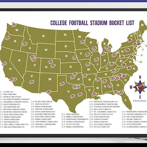 May include: A printable map of the United States with football helmets marking the locations of major college football stadiums. The map is labeled "College Football Stadium Bucket List".