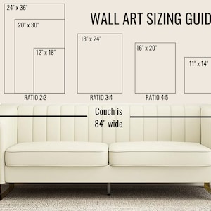 May include: A guide for choosing the right size wall art for a couch that is 84 inches wide. The guide shows different size rectangles with their aspect ratios and dimensions in inches. The text "WALL ART SIZING GUIDE" is at the top of the image.