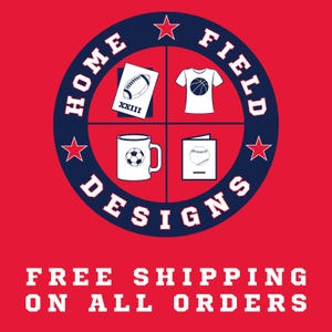 May include: A circular navy blue logo on a red background with the text HOME FIELD DESIGNS and three red stars. The logo is divided into four quadrants containing a football with XXIII, a t-shirt with a basketball, a mug with a soccer ball, and a card.