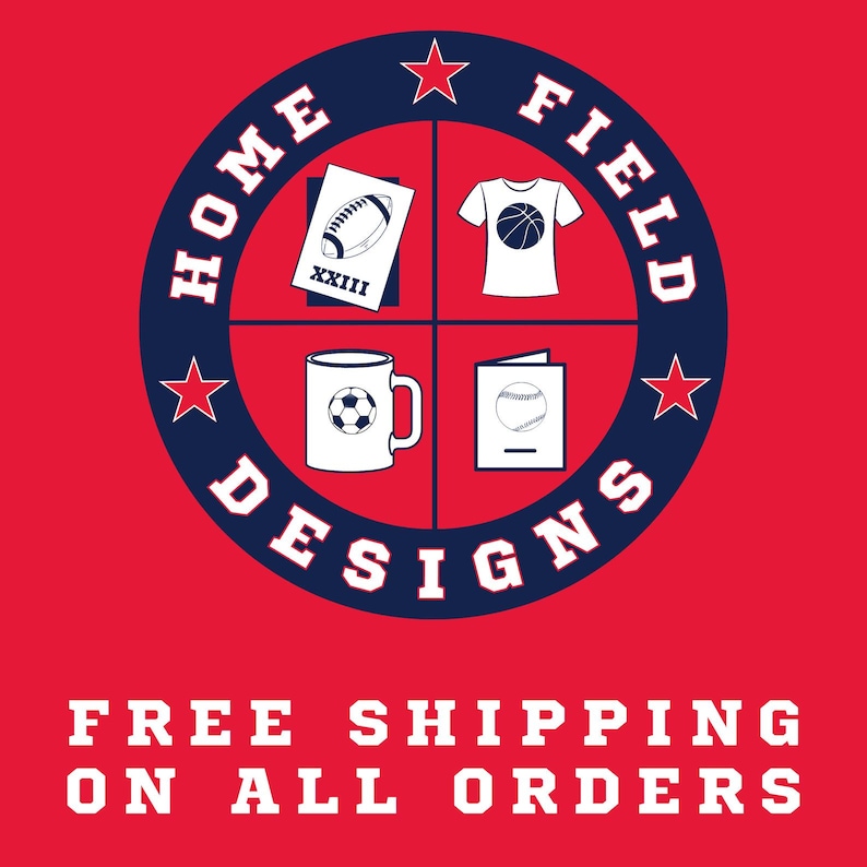 May include: A circular navy blue logo on a red background with the text HOME FIELD DESIGNS and three red stars. The logo is divided into four quadrants containing a football with XXIII, a t-shirt with a basketball, a mug with a soccer ball, and a card.