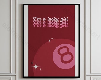 Lucky Girl Magic 8 Ball Red Pink Digital Download Wall Art Poster Aesthetic Cute Trendy Dorm Bedroom Decor Feminine Disco Ball Sparkle
