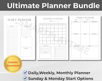 Täglicher wöchentlicher monatlicher Planer druckbar, Planer Bundle PDF, Sonntag Montag Start Wochenplaner, A4 Digitaler Download