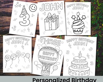 Personalisierte Geburtstagsmalvorlagen für Kinder, individuelle Namens- und Alters-Party-Aktivitätsblätter, Set mit 6 druckbaren Malvorlagen zum digitalen Download.