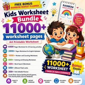 May include: A digital bundle of 11000+ printable A4 kids worksheets featuring educational activities, alphabet, counting, coloring, word searches, flashcards, and an editable planner, illustrated with two children studying with books and a globe.