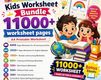 Über 11.000 Arbeitsblätter für Vorschule und Kindergarten | Alphabet, Mathematik, Tiere | Druckbares Lernpaket für Kinder (PLR & MRR)