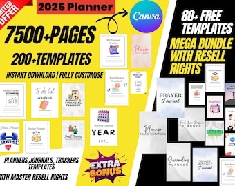 7500+ PLR Canva Templates Bundle 200 Journals 2025 Planer Tracker Bearbeitbare Printables MRR