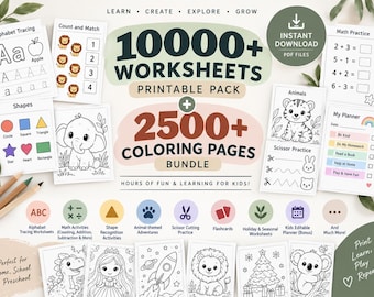 Über 10.000 Arbeitsblätter für Vorschulkinder & 2.500 Ausmalbilder im Paket | Alphabet, Mathematik, Tiere | Lernmaterialien für Kinder zum Ausdrucken (PLR/MRR) – Digitaler Download