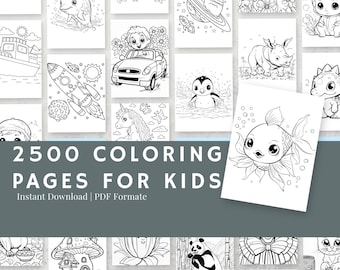 May include: A collection of 2500 coloring pages for kids. The pages feature a variety of images, including animals, objects, and scenes. The images are black and white and ready to be colored.