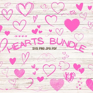 Harten SVG bundel, Valentijnsdag roze hart SVG-bestand, hand getrokken hart PNG, open hart SVG, doodle hart SVG, schets hart, liefde SVG Jpg PNG
