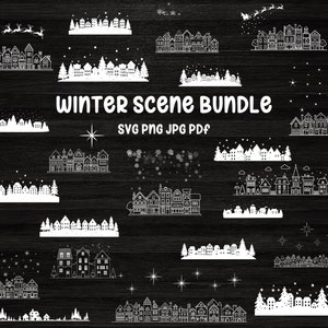Winter Christmas Scene SVG, Winter Houses Bundle, Magical Christmas Scene, Winter Village, Christmas Svg Bundle, Ornaments, Snowflake svg