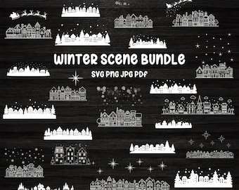 Winter Christmas Scene SVG, Winter Houses Bundle, Magical Christmas Scene, Winter Village, Christmas Svg Bundle, Ornaments, Snowflake svg