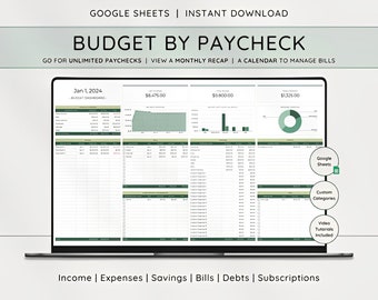 Ultimate Budget by Paycheck Spreadsheet, Google Sheets Planner, Monthly, Weekly, Biweekly Semi Monthly Financial Tracker, Paycheck Template