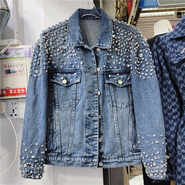 Denim Jacket With Rhinestones Etsy