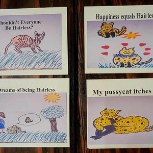 4 biglietti d'auguri Pussycat Dickey Davis Pacchetto di Madeline Sphynx Gatti senza peli Kitty Umorismo Scherzi Meme Donne divertenti