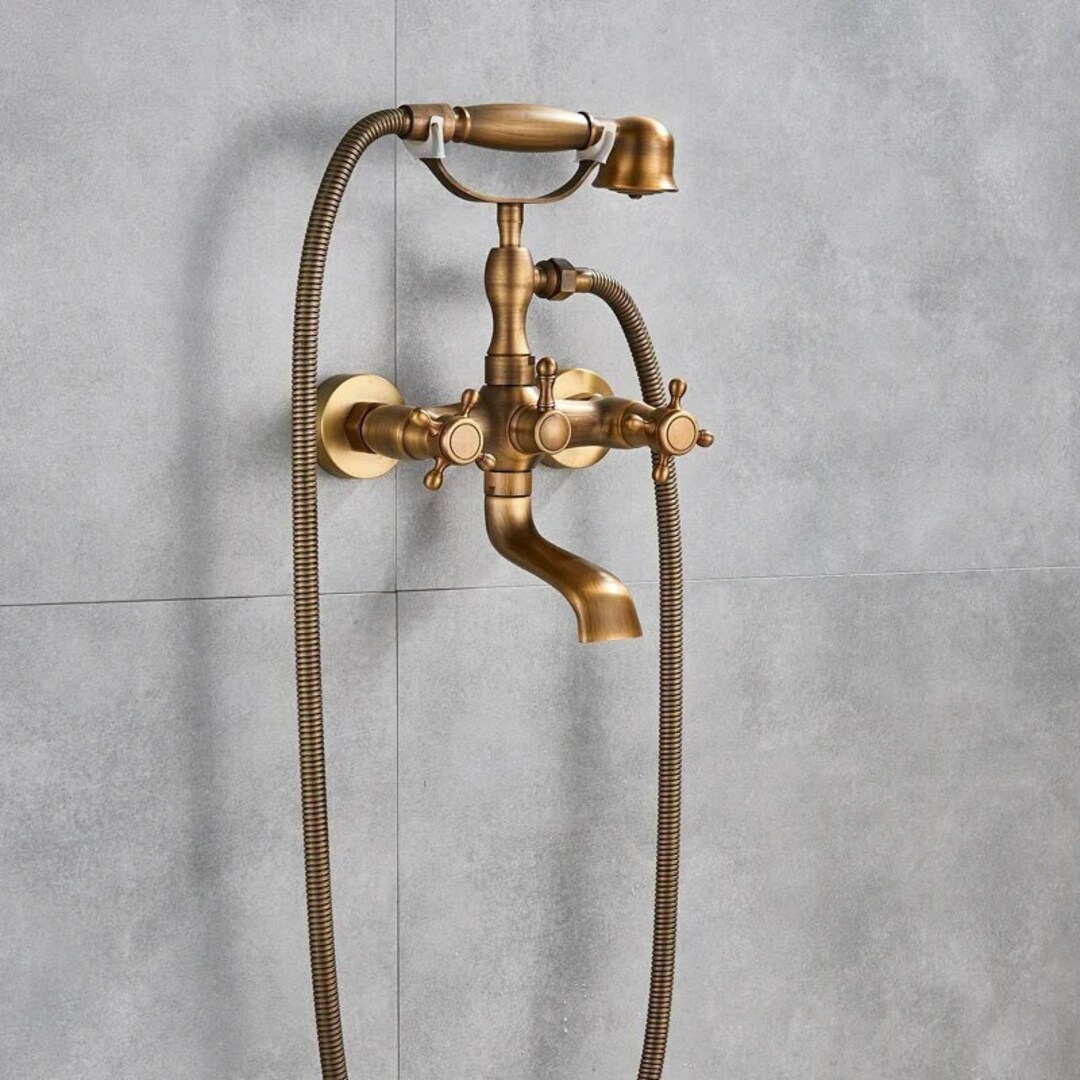 Brass Bathtub Shower Faucet Set Dual Knobs Wall Mounted Mixer With Handshower and Swivel Tub ...