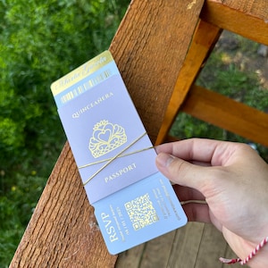Design del passaporto dell'invito Quinceanera rosa cipria, bellissimo invito alla festa del 15° compleanno, regalo ideale per gli ospiti