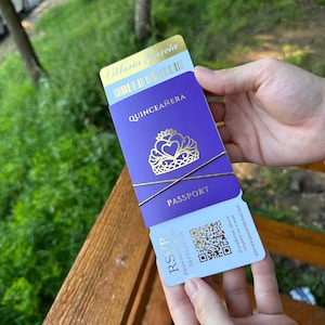 Invito viola per Quinceanera con design del passaporto, bellissimo invito per la festa del 15° compleanno, regalo ideale per gli ospiti
