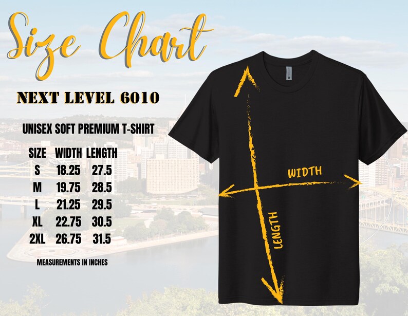 May include: Size chart for a unisex soft premium t-shirt. The chart shows the width and length measurements in inches for sizes S, M, L, XL, and 2XL. The chart is labeled "Next Level 6010".
