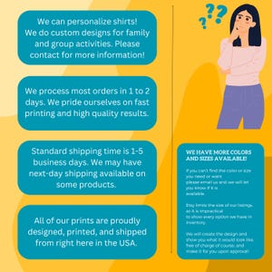 May include: A graphic with text describing the process of ordering and shipping personalized shirts. The text includes information about custom designs, fast printing, and shipping times. The graphic also includes a cartoon illustration of a person with a question mark above their head.