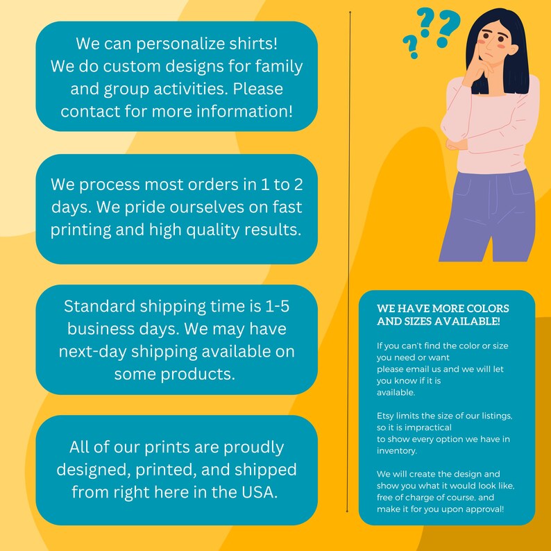 May include: A graphic with text describing the process of ordering and shipping personalized shirts. The text includes information about custom designs, fast printing, and shipping times. The graphic also includes a cartoon illustration of a person with a question mark above their head.