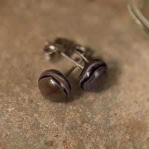 May include: A pair of stud earrings with a round, polished stone design. The stones feature a mix of brown, gray, and white bands. The earrings are set on silver posts, showcasing a simple and elegant jewelry piece.