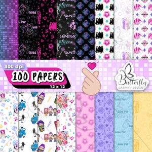 Puede incluir: Una colección de papeles digitales con varios diseños. Los papeles presentan patrones repetidos de notas musicales, refrescos y formas geométricas. La paleta de colores incluye rosa, negro, azul y amarillo. El texto "100 PAPERS" se muestra de forma destacada. Medidas: 12 x 12 pulgadas.