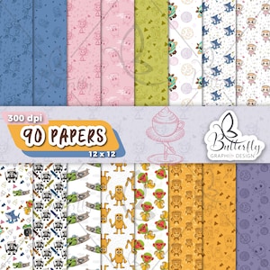 Może przedstawiać: Kolekcja 90 papierów cyfrowych, każdy o wymiarach 30,5 x 30,5 cm, z różnymi wzorami z kreskówek. Papiery prezentują gamę kolorów, w tym niebieski, różowy, zielony i żółty, z powtarzającymi się ilustracjami postaci i przedmiotów. Obraz zawiera również tekst "300 dpi" i "90 PAPERS".