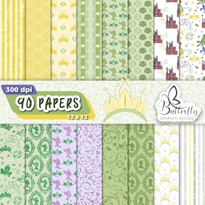 Pode incluir: Uma coleção de 90 papéis estampados, cada um com 30,5 x 30,5 cm, com diversos designs. Os papéis apresentam padrões repetidos de coroas, silhuetas e elementos florais em tons de amarelo, verde e roxo. Os papéis estão rotulados como "300 dpi" e "90 PAPERS".