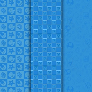 K&ouml;nnte beinhalten: Drei blaue Muster mit Videospielfiguren und -symbolen. Das erste Muster hat ein Schachbrettmuster mit Sternen, Pilzen und M&uuml;nzen. Das zweite Muster hat ein Schachbrettmuster mit Fragezeichen. Das dritte Muster hat einen blauen Hintergrund mit einer Vielzahl von Videospielfiguren und -symbolen.