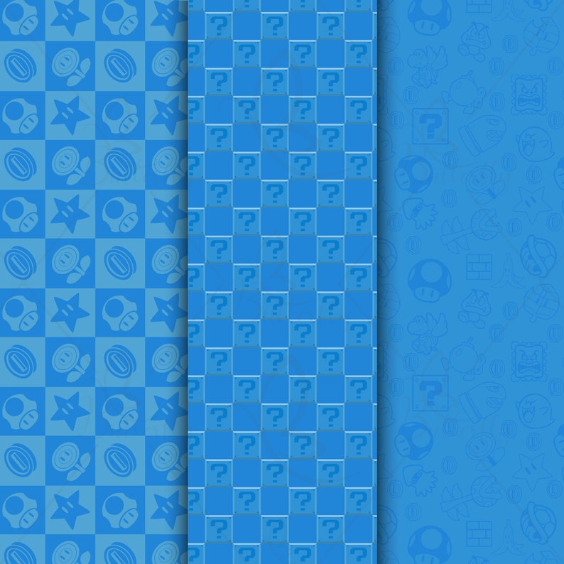 K&ouml;nnte beinhalten: Drei blaue Muster mit Videospielfiguren und -symbolen. Das erste Muster hat ein Schachbrettmuster mit Sternen, Pilzen und M&uuml;nzen. Das zweite Muster hat ein Schachbrettmuster mit Fragezeichen. Das dritte Muster hat einen blauen Hintergrund mit einer Vielzahl von Videospielfiguren und -symbolen.
