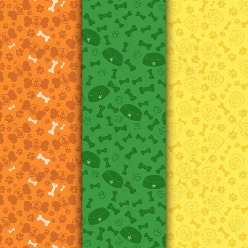 May include: Three vertical panels with repeating patterns. The patterns include dog bones, paw prints, and dog bowls. The first panel is orange, the second is green, and the third is yellow. The dog bowls have a star on them.