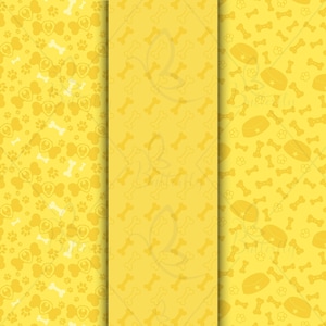 May include: A collection of yellow seamless patterns featuring dog-themed designs. The patterns include paw prints, dog bones, and dog bowl illustrations. The designs are in shades of yellow and cream, creating a cohesive and playful aesthetic.