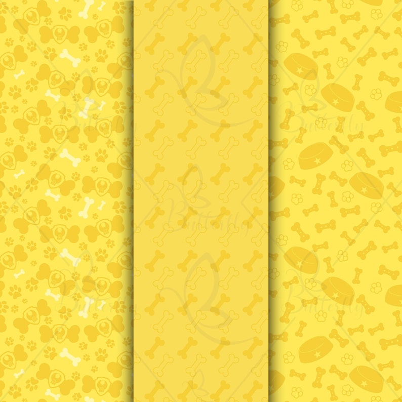 May include: A collection of yellow seamless patterns featuring dog-themed designs. The patterns include paw prints, dog bones, and dog bowl illustrations. The designs are in shades of yellow and cream, creating a cohesive and playful aesthetic.