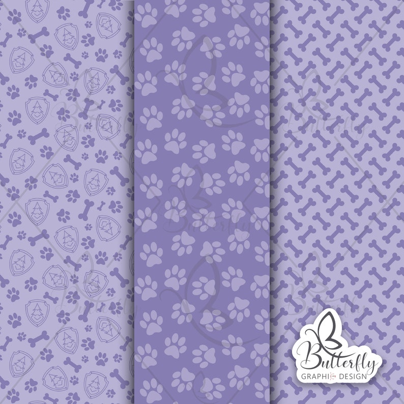 Puede incluir: Tres patrones de papel digital en tonos de morado. El primer patr&oacute;n presenta huellas de patas, huesos y una huella de pata con un &aacute;rbol dentro. El segundo patr&oacute;n presenta huellas de patas. El tercer patr&oacute;n presenta huesos.