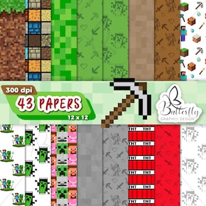 May include: A collection of 43 digital papers featuring pixelated patterns inspired by Minecraft, including blocks, characters, tools, and TNT. The image displays various textures like grass, stone, and red TNT, with text reading 300 dpi, 43 PAPERS, 12 x 12.