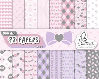 May include: A digital paper pack featuring 92 sheets with various patterns in shades of pink, gray, and lavender. Designs include hearts, bows, diamonds, and bats. The pack is 12 x 12 inches and 300 dpi. The Butterfly Graphic Design logo is visible.