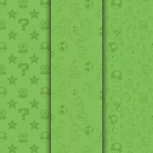 K&ouml;nnte beinhalten: Drei gr&uuml;ne digitale Papiermuster mit verschiedenen Videospielfiguren und -objekten. Das erste Muster zeigt Sterne, Fragezeichen und Blumen. Das zweite Muster zeigt eine dinosaurierartige Figur, Eier und Blumen. Das dritte Muster zeigt eine Vielzahl von Figuren und Objekten, darunter einen Fragezeichenblock, einen Pilz, eine Blume und einen Stein.