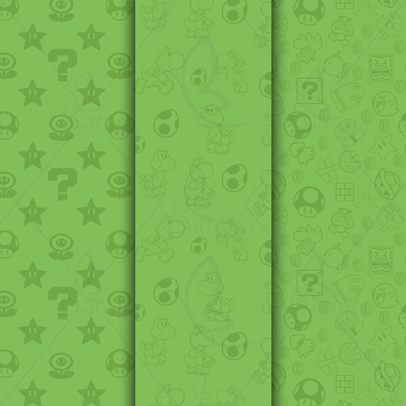 K&ouml;nnte beinhalten: Drei gr&uuml;ne digitale Papiermuster mit verschiedenen Videospielfiguren und -objekten. Das erste Muster zeigt Sterne, Fragezeichen und Blumen. Das zweite Muster zeigt eine dinosaurierartige Figur, Eier und Blumen. Das dritte Muster zeigt eine Vielzahl von Figuren und Objekten, darunter einen Fragezeichenblock, einen Pilz, eine Blume und einen Stein.