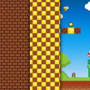K&ouml;nnte beinhalten: Eine digitale Illustration eines Videospiellevels mit einer braunen Backsteinmauer, einem Schachbrettmuster aus Fragezeichenbl&ouml;cken und einem gr&uuml;nen H&uuml;gel mit einem Rohr und einer Blume.