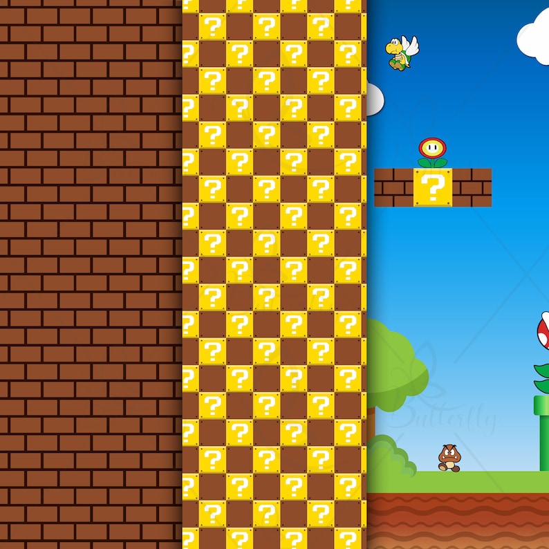K&ouml;nnte beinhalten: Eine digitale Illustration eines Videospiellevels mit einer braunen Backsteinmauer, einem Schachbrettmuster aus Fragezeichenbl&ouml;cken und einem gr&uuml;nen H&uuml;gel mit einem Rohr und einer Blume.