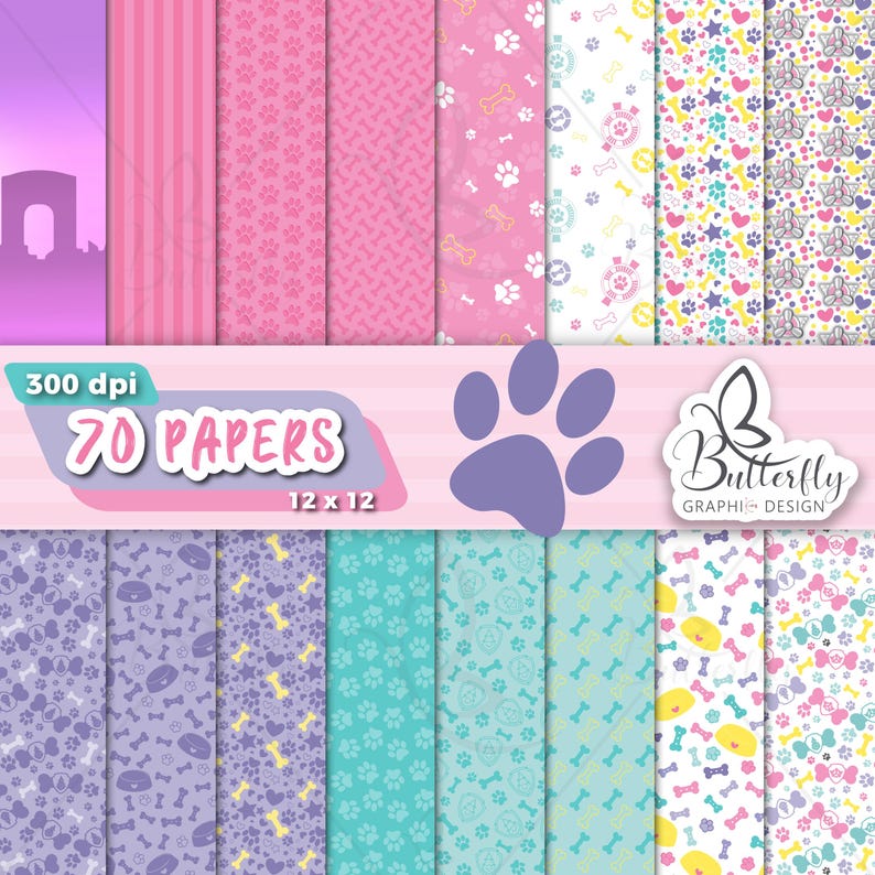 Puede incluir: 70 papeles digitales con patrones de tem&aacute;tica canina en rosa, morado, azul y amarillo. Los patrones incluyen huellas de patas, huesos y cuencos para perros. Los papeles son de 12x12 pulgadas y 300 dpi.
