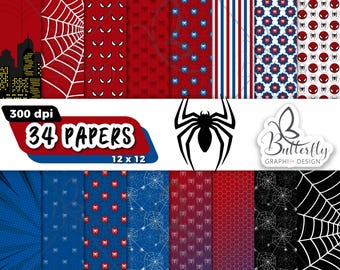 May include: A set of 34 digital papers featuring various patterns inspired by Spiderman. The patterns include red and blue spiderwebs, red and blue polka dots, red and blue stripes, and a black spider silhouette on a white background. The papers are 300 dpi and 12x12 inches.
