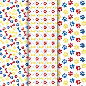 May include: Three seamless patterns featuring dog paw prints and bones in red, blue, and yellow on a white background. One pattern has a diamond grid with red paw prints and yellow bones.