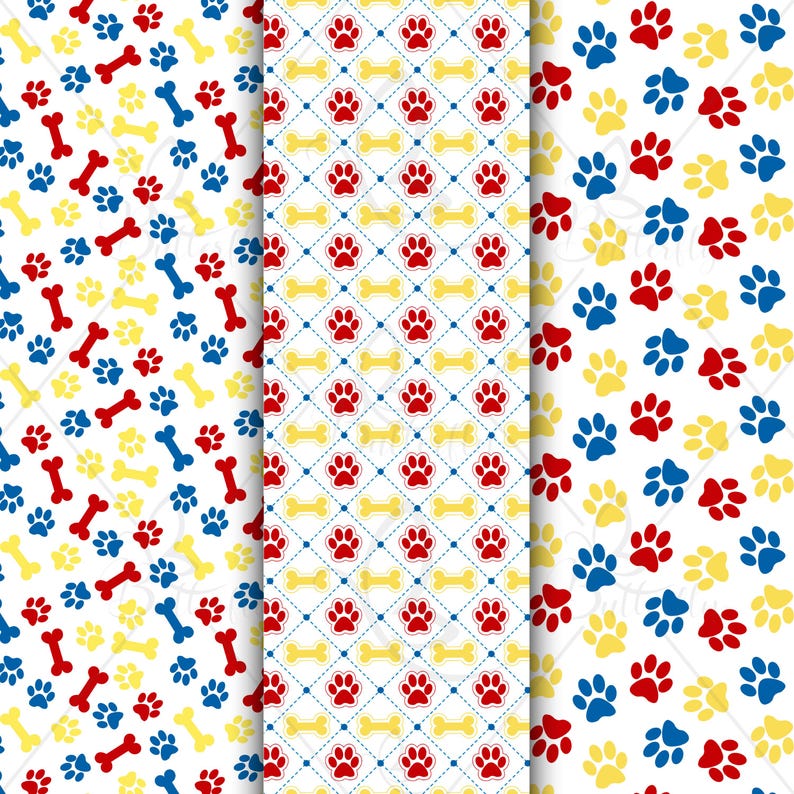 May include: Three seamless patterns featuring dog paw prints and bones in red, blue, and yellow on a white background. One pattern has a diamond grid with red paw prints and yellow bones.