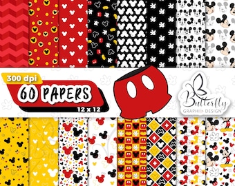 May include: Set of 60 digital papers featuring Mickey Mouse themed patterns in red, black, white, and yellow. The patterns include Mickey Mouse ears, polka dots, and Mickey Mouse gloves. The papers are 12 inches by 12 inches and 300 dpi.