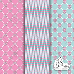 Puede incluir: Tres patrones de papel digital con un patr&oacute;n de chevron rosa y azul, un fondo rosa con una huella de pata blanca y un fondo azul con una huella de pata blanca.