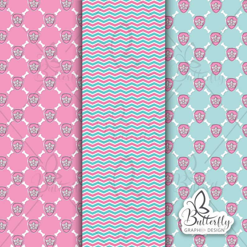 Puede incluir: Tres patrones de papel digital con un patr&oacute;n de chevron rosa y azul, un fondo rosa con una huella de pata blanca y un fondo azul con una huella de pata blanca.